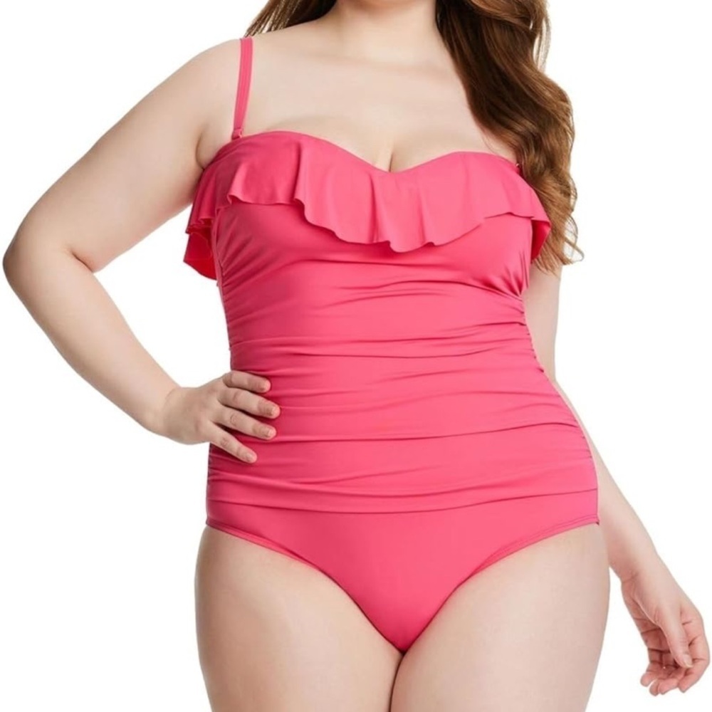 Bleu Rod Beattie Kore Shirred Ruffle Rose Pink One Piece Size 14 NWT
